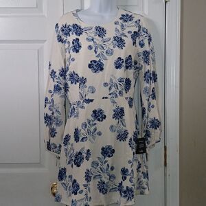 Lulus Darling Simplicity White and Blue Floral Linen Cutout Mini Dress Sz L NWT